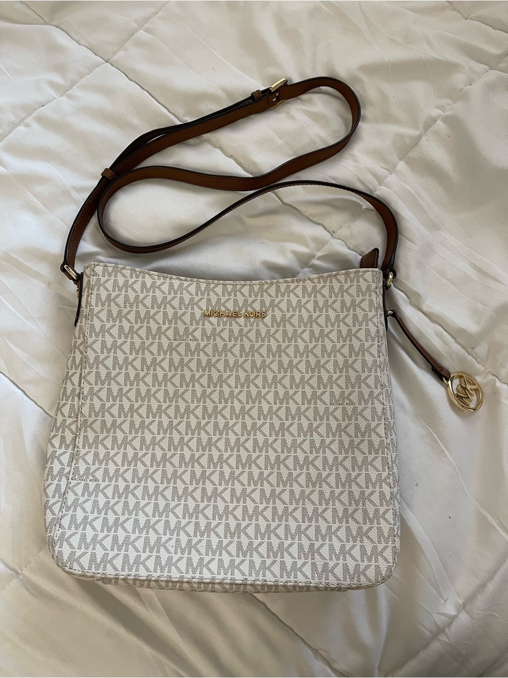 Michael Kors Cream Logo Crossbody Bag with Brown Strap